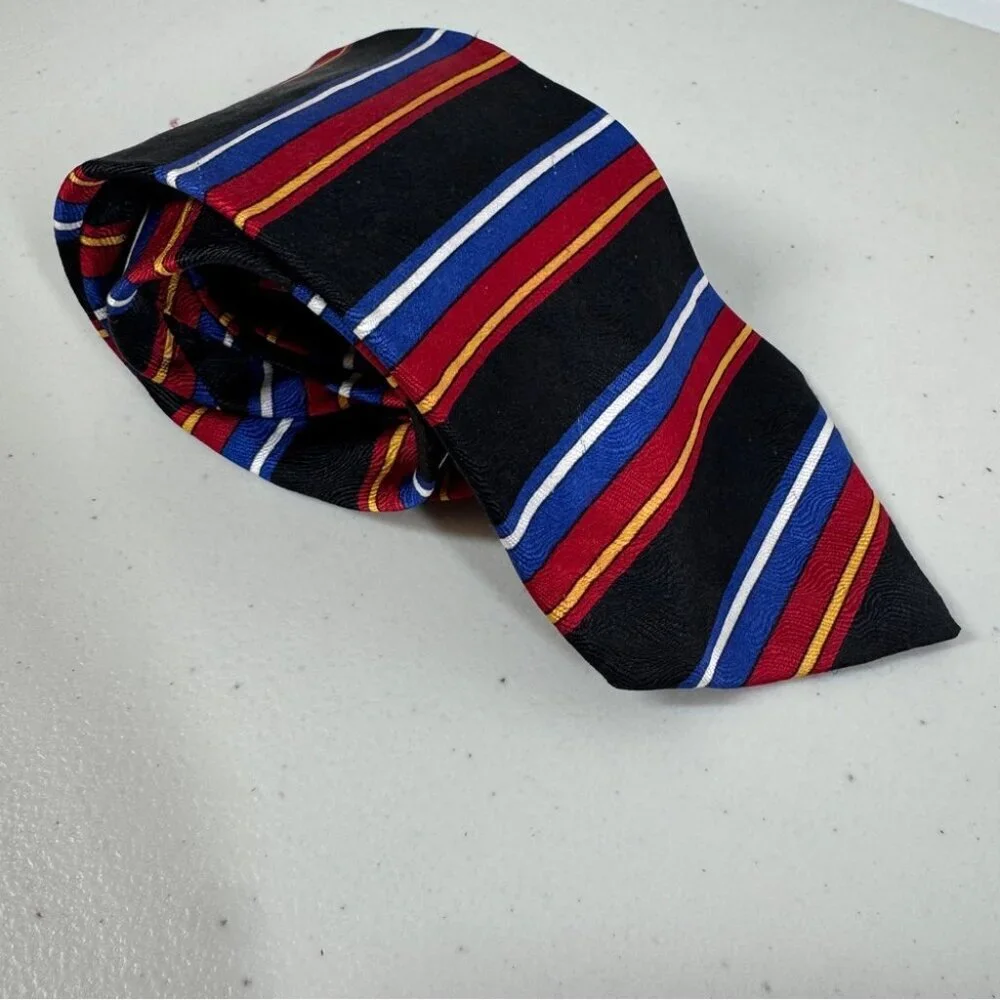 VTG Oscar de la Renta Striped Black Tie with Red and Blue Accents Textured